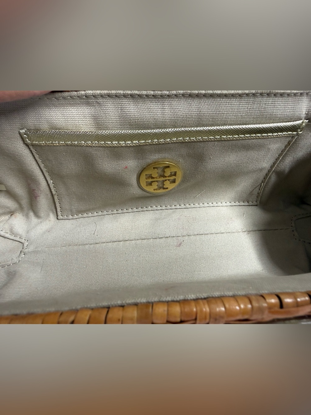 Tory Burch Tan Woven Clutch with Gold Accent Strap - Picture 3 of 6